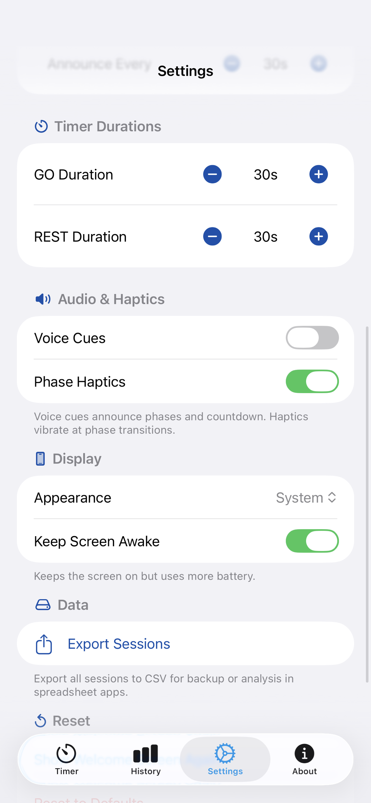 Settings screen with cue and duration options