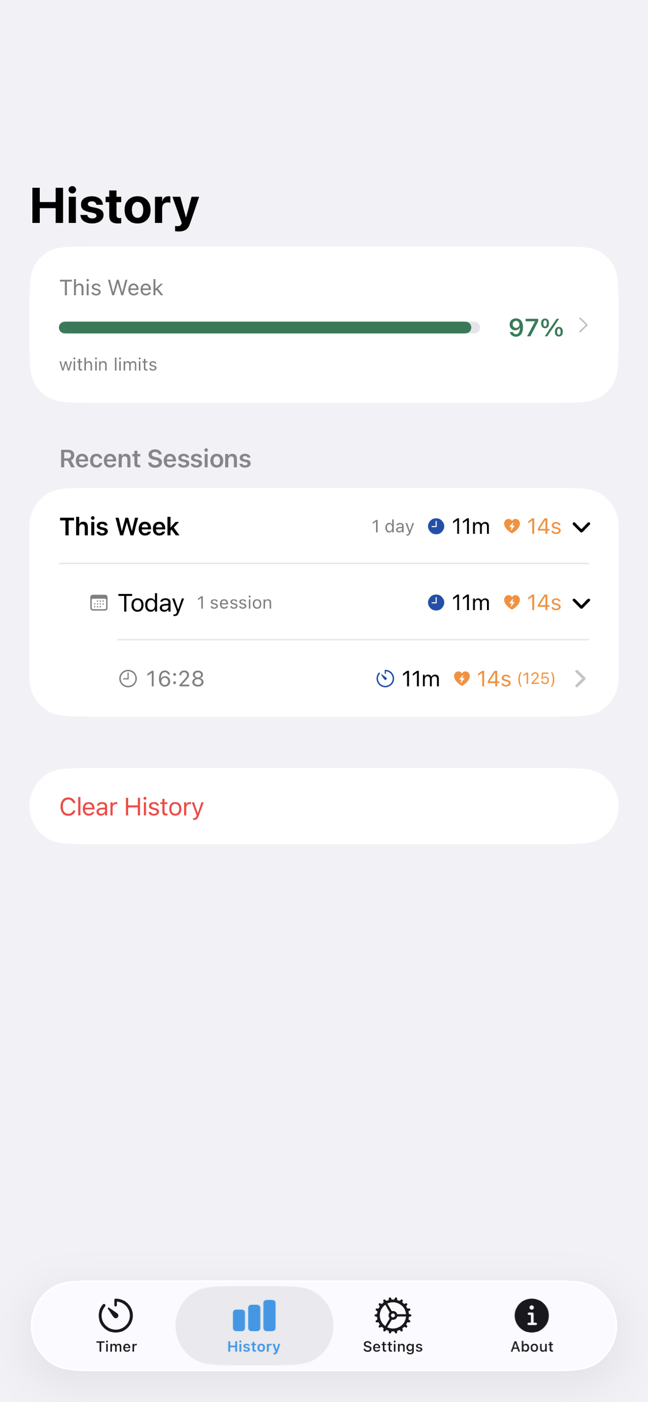 Session history showing completed sessions